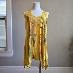 Vintage Y2K Jostar Sleeveless Top Yellow Rhinestone Peacock Feather Size M